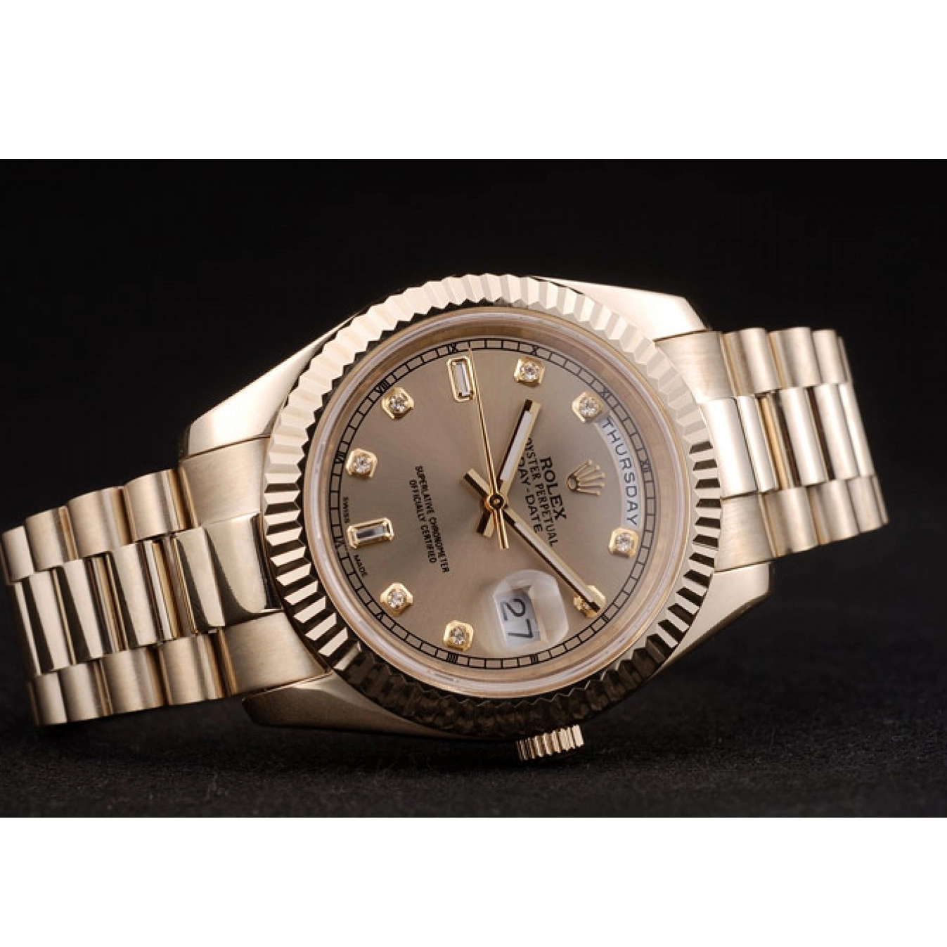 Aaa replica watch Steel Ribbed Swiss Bezel Rolex Gold Dial 41997 Stainless Gold DayDate 0715